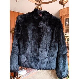 Vintage Rabbit Fur Coat Black Waist Length Made in Korea Size L